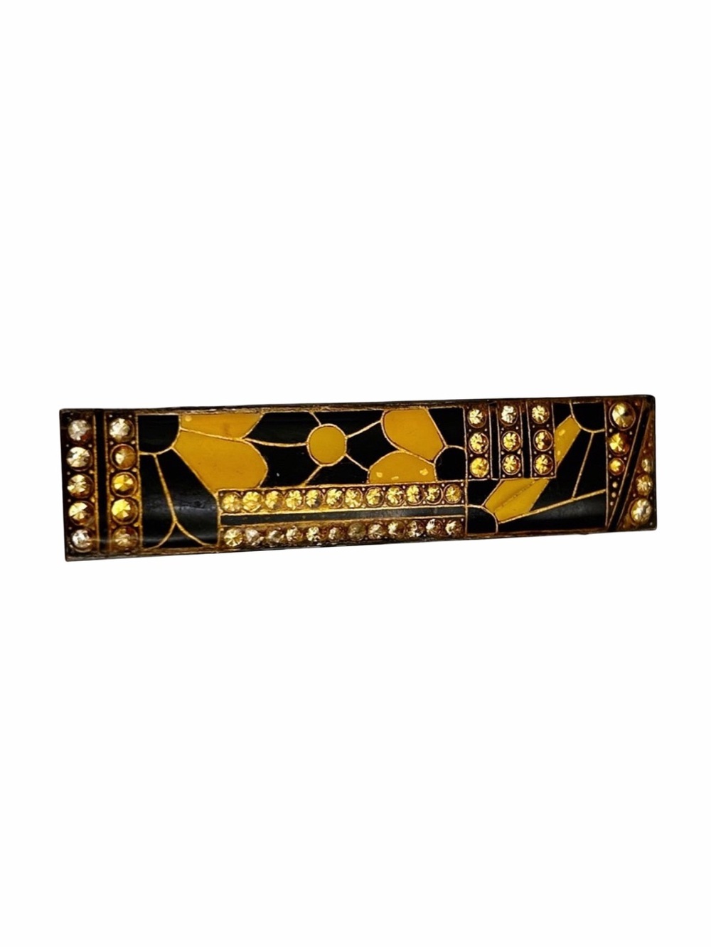 Vintage Pierre Bex Black and Yellow Geometric Floral Motif Art Deco Enamel Brooc